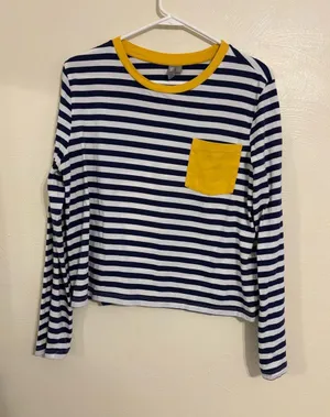 ASOS Navy White Striped Long Sleeve Top US 12 Yellow Pocket Nautical thumbnail 1