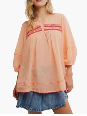 Free People Dylan Smocked Tunic top blouse pink sz XS S boho thumbnail 1