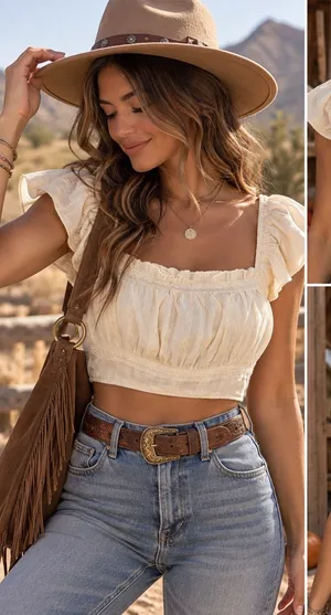 Altar'd State Cream Ruffled‎ Puff-Sleeve Crop Top thumbnail 1