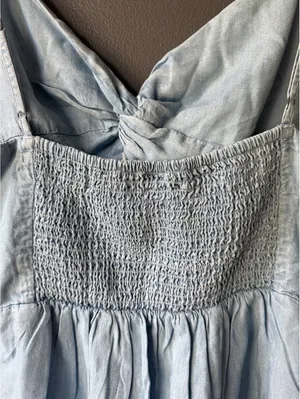 Old Navy Light Blue Denim Tank Top with Smocked Back, Size Large thumbnail 7