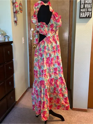 Peyton & Parker pink floral tiered maxi dress tie back design open back ruffle L thumbnail 2