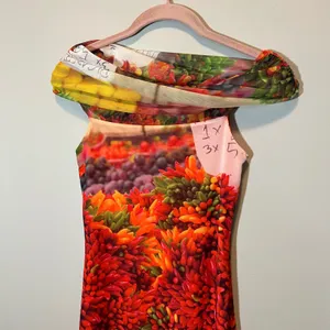 Zara Picante Pepper Mesh Fruit Vegetable Print Off Shoulder Maxi Dress Red Small thumbnail 3