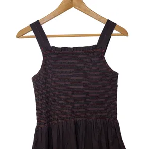Everlane Smocked Midi Dress Espresso Brown Rust Contrast Stitch Pockets Womens S thumbnail 4