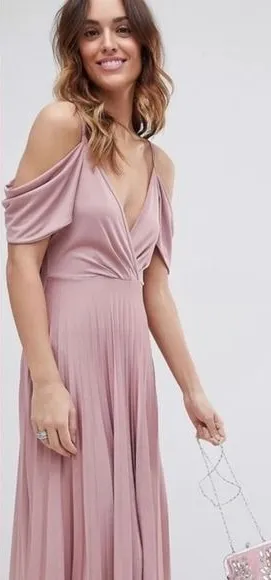 ASOS Design Cold Shoulder Pleated Maxi Dress Dusty Rose Pink US 14 thumbnail 1