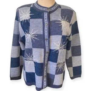 Vintage 90’s Y2K Snowflake Knit Cardigan Sweater Blue Button Holiday S thumbnail 1