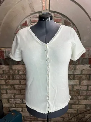 cardigan sweater white v neck scalloped trim thumbnail 1