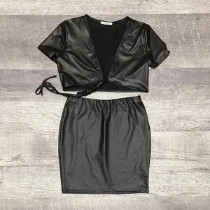 Timing Black Faux Leather Mini Skirt Set M Tie V Neck Crop Top Clubwear Baddie thumbnail 4