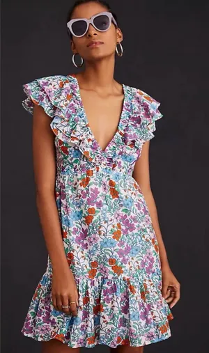 Anthropologie Roller Rabbit Blomst Ondika Floral Ruffle Mini Dress V-neck Size M thumbnail 1