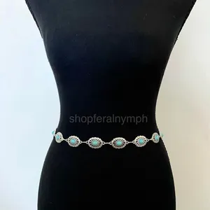 Silver Turquoise Oval Western Boho Chain Belt, Fits 24-43 Inches, X7GA1264 thumbnail 4