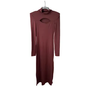 Womens Brown Cut Out Bodycon Maxi Dress Small Long Sleeve Mock Neck Shoulder Pad thumbnail 2