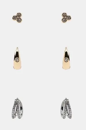 Zara Three Pack Sparkly Hoop Huggies Earrings Silver Gold Rhinestones NWT thumbnail 1