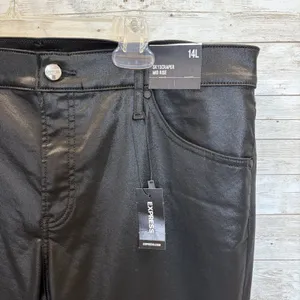 NWT Express Womens 14L Pants‎ Satin Coated Black Skyscraper Mid Rise Split Hem thumbnail 2