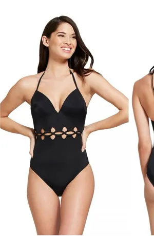 Shade & Shore Black Halter Cut-Out One Piece Wire Swimsuit Size 34DD thumbnail 1