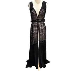 Sin Clarity Sheer Lace Duster Black Maxi Overlay Gothic Festival Whimsygoth Sz S thumbnail 2