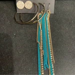 bebe Boho Retro Earring Set Hoop Studs Dangle Blue and Silver with Crystals New thumbnail 3