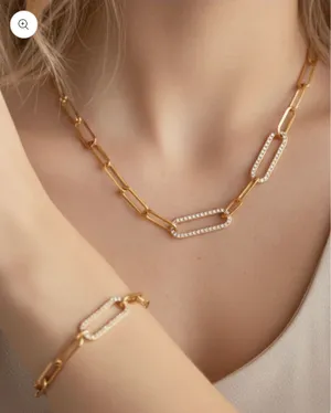 Zirconia Gold Paperclip Necklace & Bracelet Set thumbnail 1