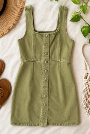 Urban Outfitters Olive Green Denim Mini Dress Size 6 Button Front Cotton Cottage thumbnail 1