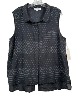 Two by Vince Camuto Sleeveless Button Down Shirt XL Black Geometric High-Low NEW thumbnail 1