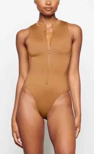 SKIMS Swim Zip Front Sleeveless One Piece Swimsuit Ochre Tan Neutral Small S thumbnail 1