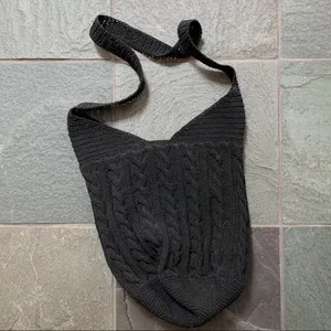 Black lined crochet cable stitch boho shoulder sling bag cotton blend thumbnail 2