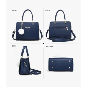 Navy Blue PU Leather Satchel Crossbody‎ Bag Heart Hardware Pom Pom Charm thumbnail 5
