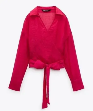 Zara Wrap Top Sz S Hot‎ Pink Semi-Sheer Collared Ballet Fairy Feminine Blouse thumbnail 1