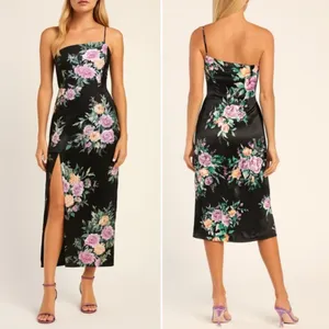 NWT Lulus Keepin' It Chic Black Floral Satin One-Shoulder Midi Dress Size Medium thumbnail 13