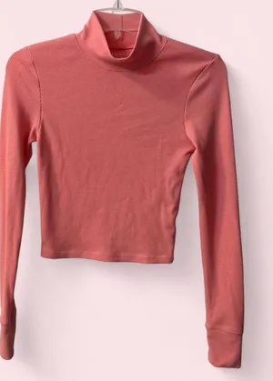 American Eagle Waffle Knit Ribbed Mockneck Cropped Long Sleeve Shirt Coral Small thumbnail 1