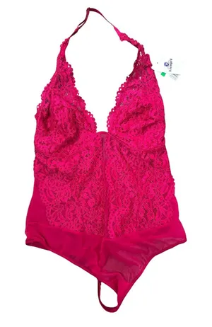 b.tempt'd by Wacoal‎ Hot Pink Mesh Lace Thong Halter Bodysuit Size Large Sexy thumbnail 1