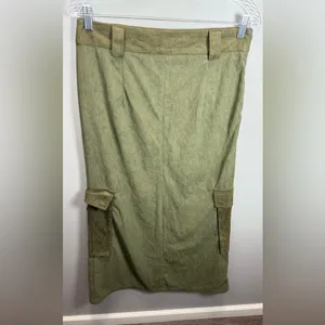 Cider Faux Leather High Waisted‎ Solid Belted Cargo Maxi Skirt Green Size Medium thumbnail 3