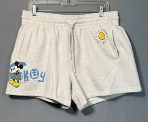 DISNEY Mickey Mouse Shorts Womens Large‎ Cream Graphic Lounge Drawstring Travel thumbnail 1