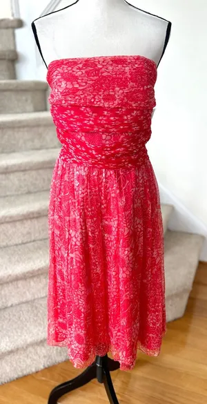 NWT WDNY Silk Hot Pink Ruched Floral Strapless Sequin Midi Tea Dress thumbnail 1
