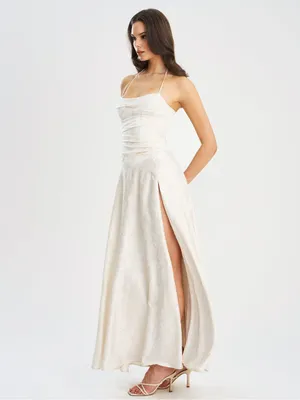 NWT Miss Circle Raegan Pearl White Jacquard Ruched Maxi Dress M thumbnail 4
