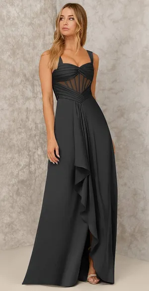 Azazie NWT X KENDALL + KYLIE A-Line Ruched Stretch Satin Floor-Length Dress in Black. Size 10. thumbnail 1