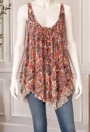 Free People Paisley Floral Print Babydoll Tank Top Boho Festival XS thumbnail 1