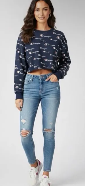 Champion All-Over Logo Print Cropped Crewneck Sweatshirt - Navy Blue thumbnail 1