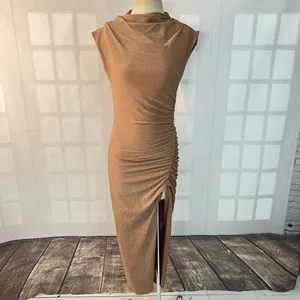 Dress Forum Tan Metallic Glitter High Neck Ruched Slit Bodycon Midi Dress Small thumbnail 4