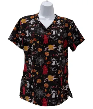 Scrub Top Womens Medium Black Halloween Ghost Pumpkin Print V Neck Tunic thumbnail 1