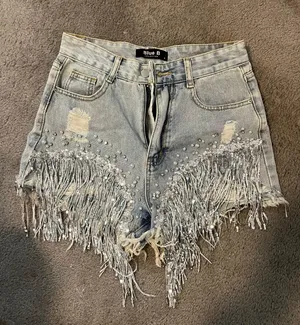 Blue Blush Denim Sequin & Pearl Shorts thumbnail 3