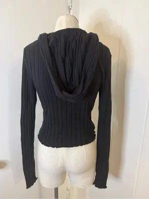 Lottie Moss Cropped Black Ribbed Zip-Up Hooded Cardigan Sz S thumbnail 2