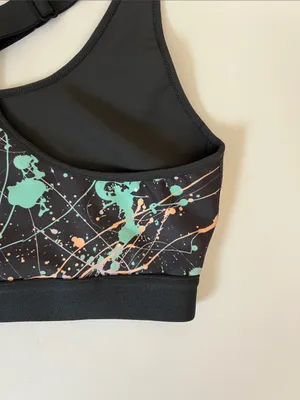 Printed Black Sports Bra with Pastel Splatter Detail thumbnail 6