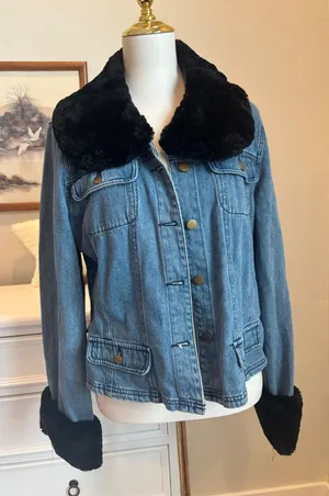 Faux Fur Denim Jacket Vintage Y2K Blue Jean Trucker Coat Chadwick's Size 16 thumbnail 1