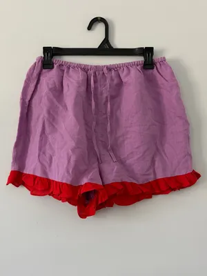 Dora Larsen Free People Lavender Red Ruffle Pull On Linen Organic Cotton Shorts thumbnail 2
