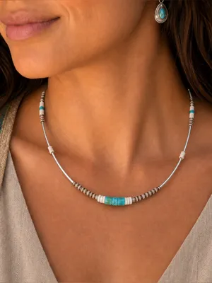 Vintage Southwestern Turquoise Liquid Silver Heishi Shell Necklace thumbnail 1