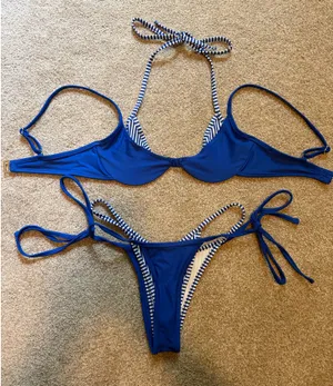 SAME Los Angeles Double Layer Blue/White Striped Bikini Set Blue thumbnail 1