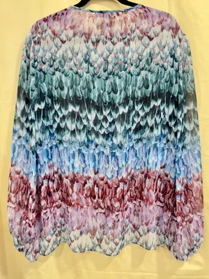 BCBGMAXAZRIA Feather Print Sheer Peasant Blouse Blue Purple Tie Neck Size L thumbnail 4