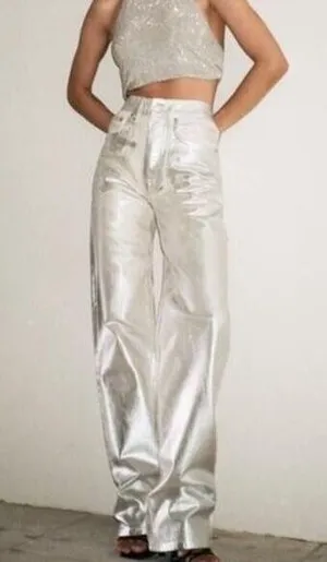 Zara mid‎ rise boyfriend jeans metallic silver jeans size 4 NWOT thumbnail 12