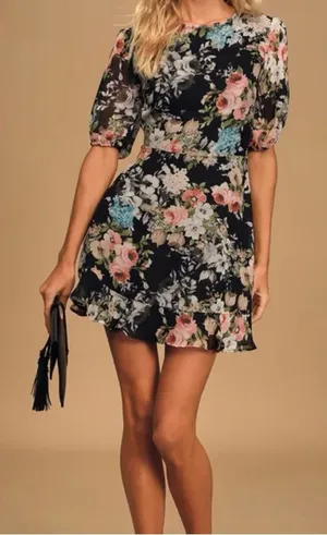 Lulus Spring My Bell Black Floral Print Ruffled Puff Sleeve Mini Dress thumbnail 1