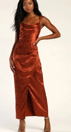 Lulu's Rust Orange Under the Moonlight Satin Jacquard Maxi Slip Dress Medium thumbnail 1