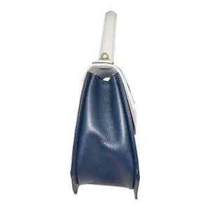 Vintage Madras Leather Crossbody Bag Top Handle Navy Blue Cream M logo thumbnail 8